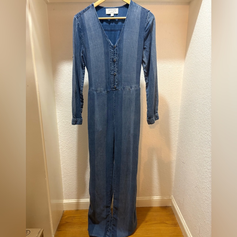 Cloth & Stone By Anthropologie - Blue Chambray Striped Long Sleeve Jumpsuit